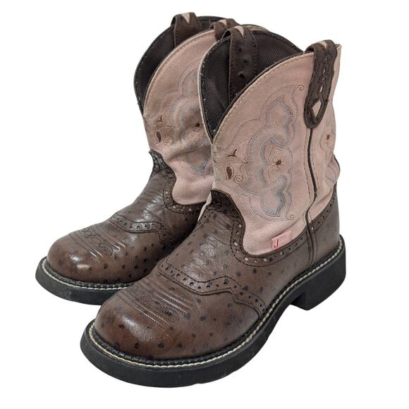 Womens sz 8 B Justin Gypsy Pink Brown Leather Cowboy Western Wellington Boots - Picture 1 of 10